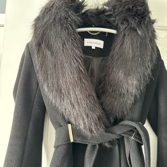 Calvin Klein Black Wool Wrap Coat Detachable Fur Collar Size 6 - Picture 4 of 9